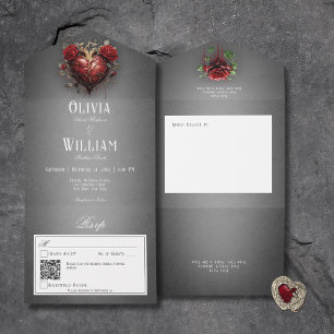 Gothic Black Dark Heart & Red Roses QR Code All In One Invitation