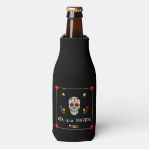 Gothic Black Dia de los Muertos Sugar Skull Flower Bottle Cooler