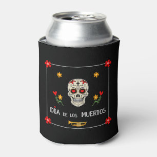 Gothic Black Dia de los Muertos Sugar Skull Flower Can Cooler