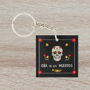 Gothic Black Dia de los Muertos Sugar Skull Flower Key Ring
