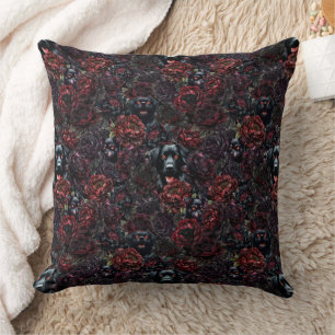 Gothic Black Dog & Dark Flowers Pattern Cushion