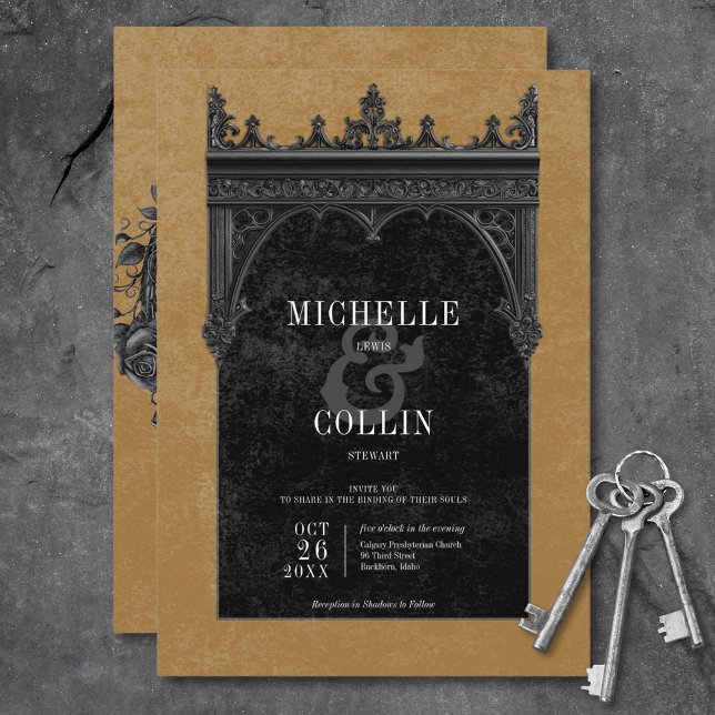Gothic Black Double Arch Black Roses Gold Wedding Invitation (Gothic Black Double Arch Black Roses Gold Wedding Invitation)