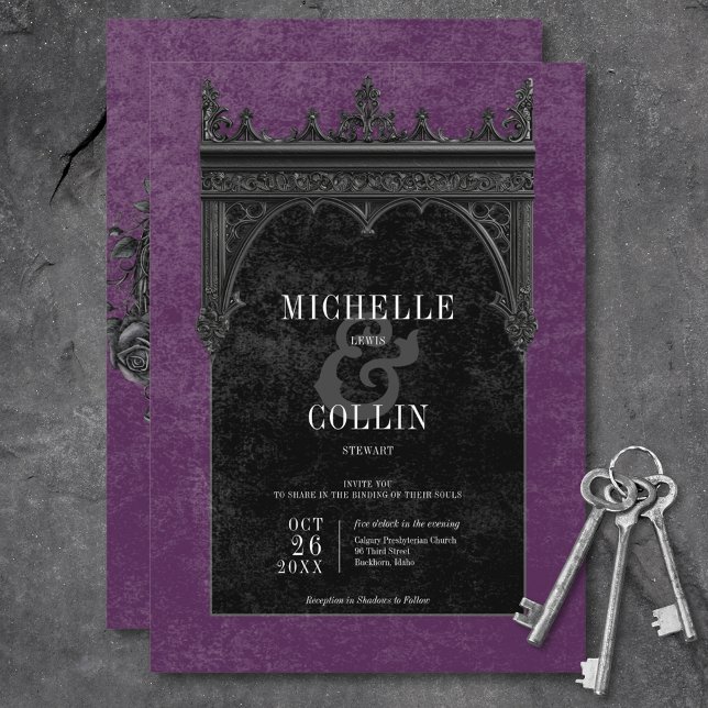 Gothic Black Double Arch & Black Roses Purple Invitation (Gothic Black Double Arch & Black Roses Purple Invitation)