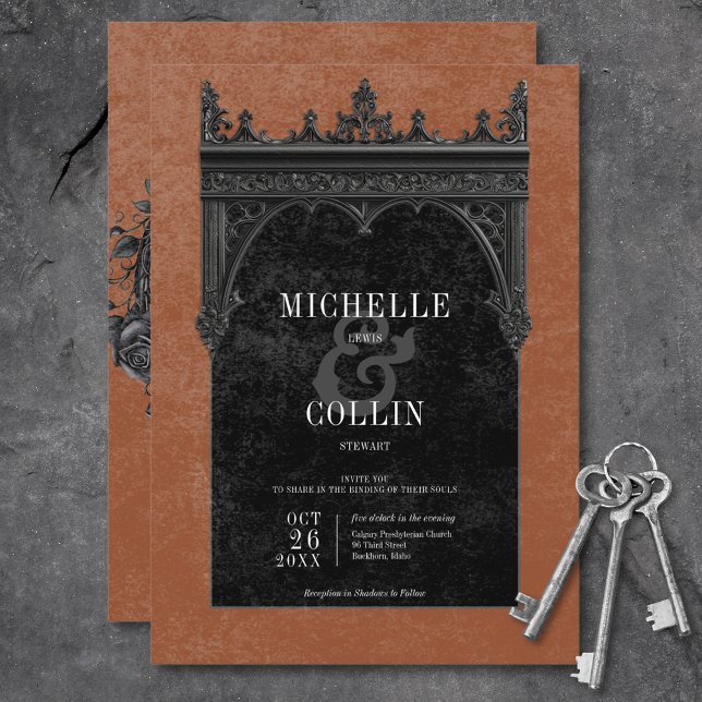 Gothic Black Double Arch Black Roses Rust Wedding Invitation (Gothic Black Double Arch Black Roses Rust Wedding Invitation)