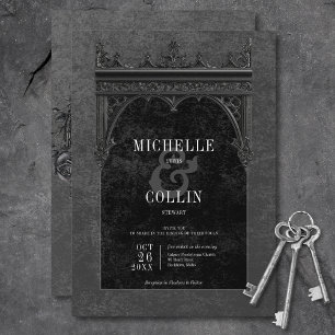 Gothic Black Double Arch & Black Roses Wedding Invitation