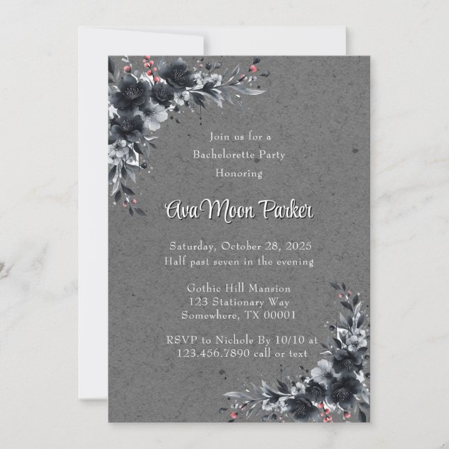 Gothic Black Floral Bachelorette Party Invitation (Front)