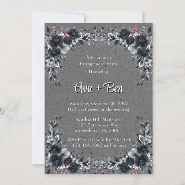 Gothic Black Floral Border Engagement Party Invitation (Front)