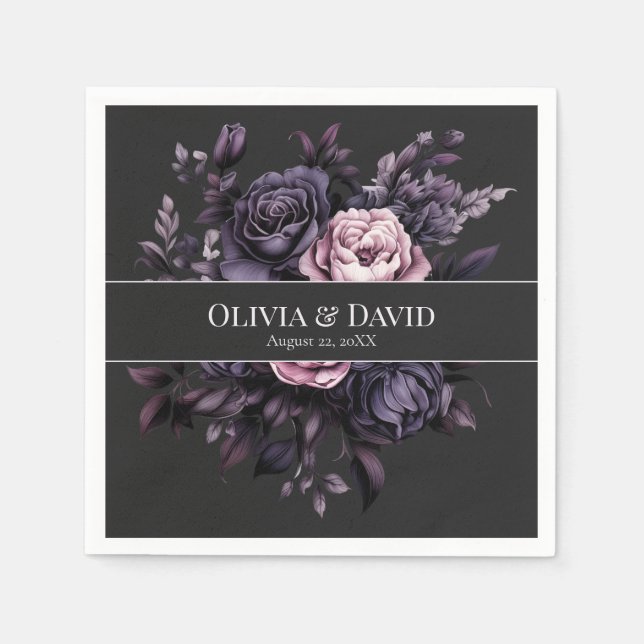 Gothic Black Floral Personalized Wedding Napkins (Front)