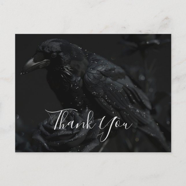 Gothic Black Floral Raven & Rose Thank You  Postcard (Front)