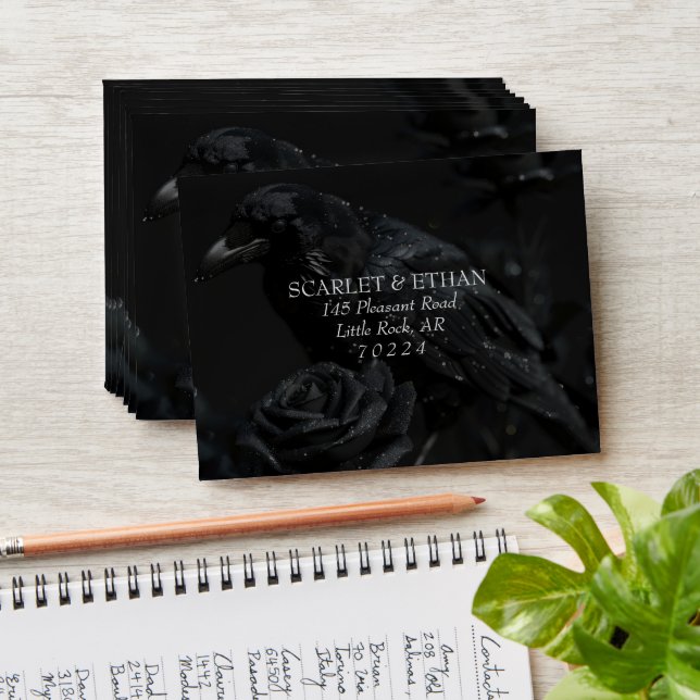 Gothic Black Floral Raven & Rose Wedding Envelope (Stacked)