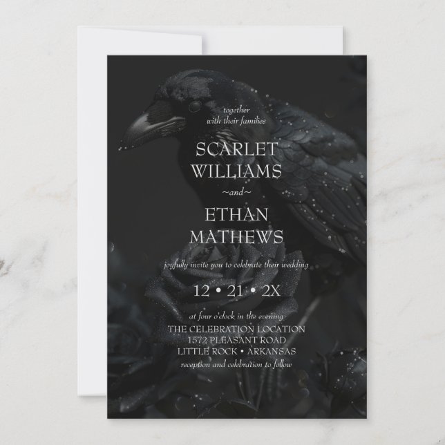Gothic Black Floral Raven & Rose Wedding Invitation (Front)