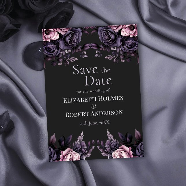 Gothic Black Floral Save the Date Card (Gothic Black Floral Save the Date Card on a gothic wedding table with black roses.)