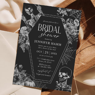 Gothic Black Floral Skull Halloween Bridal Shower Invitation
