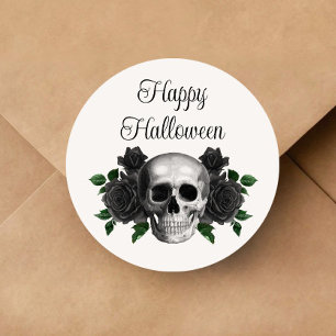 Gothic Black Floral Skull Halloween Classic Round Sticker