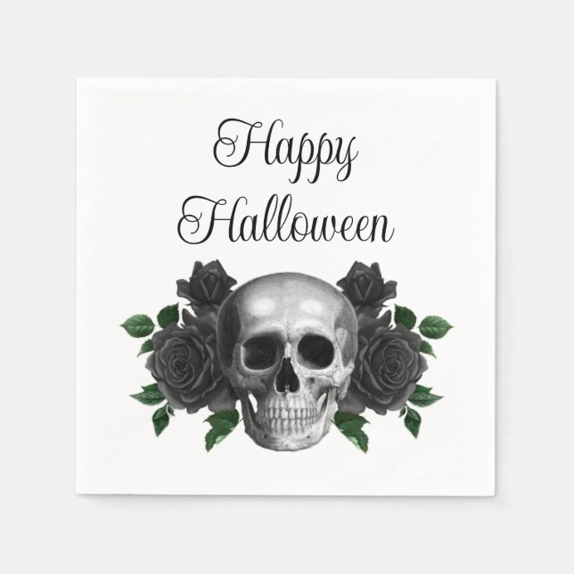 Gothic Black Floral Skull Halloween Napkin (Front)