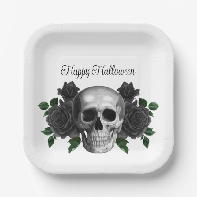 Gothic Black Floral Skull Halloween Paper Plate (Front)