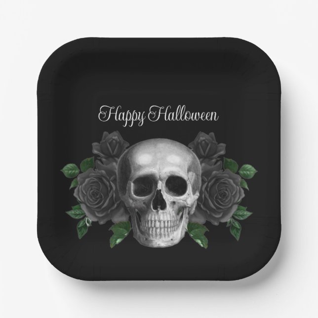 Gothic Black Floral Skull Halloween Paper Plate (Front)