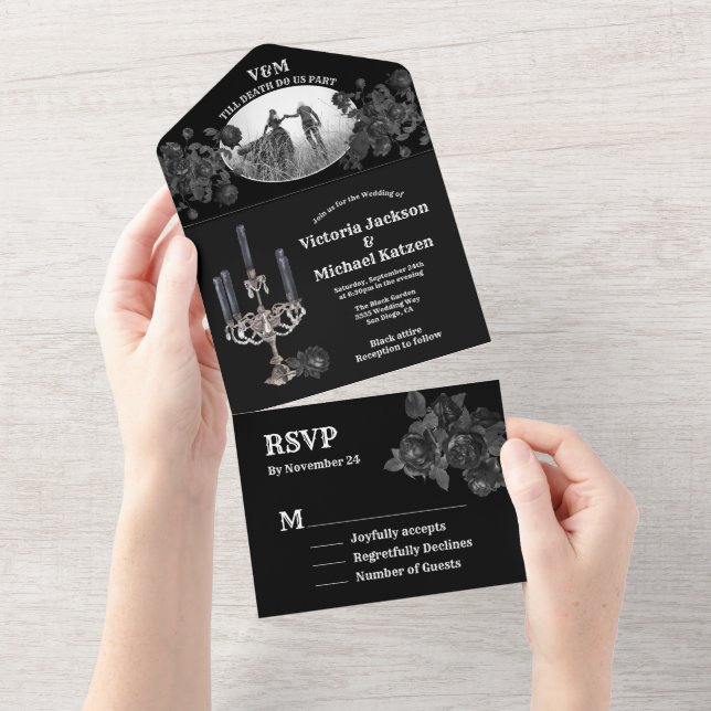 Gothic Black Floral Wedding Photo All In One Invitation (Tearaway)