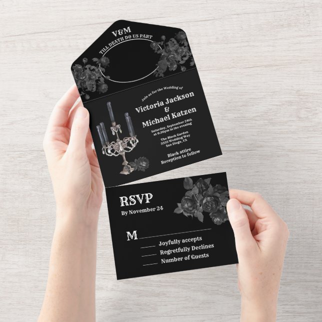 Gothic Black Floral Wedding Photo All In One Invitation (Tearaway)