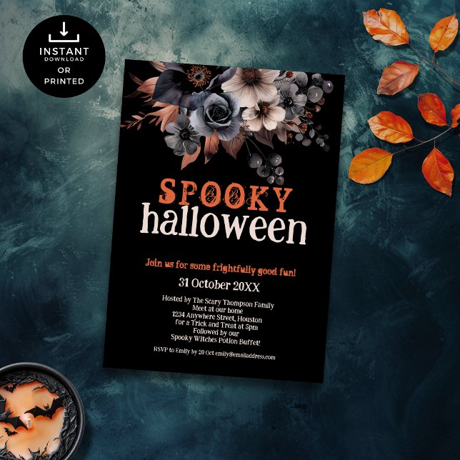 Gothic Black Florals Spooky Halloween Party Invitation (Creator Uploaded)