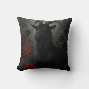 Gothic Black Goat with Red Roses Dark Art Cushion