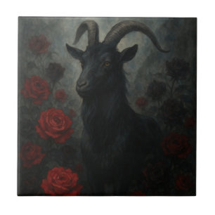Gothic Black Goat with Red Roses Dark Art Tile