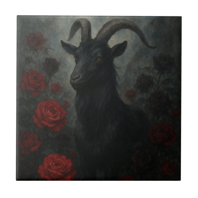 Gothic Black Goat with Red Roses Dark Art Tile (Front)