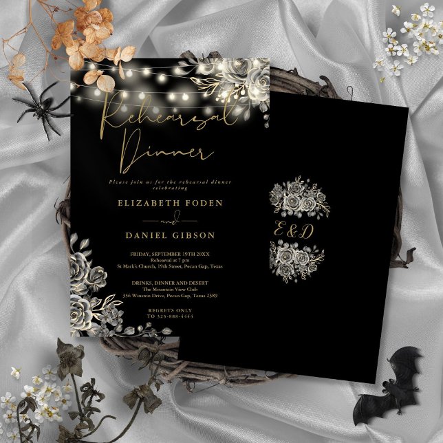 Gothic Black Gold Floral Lights Rehearsal Dinner Invitation (Gothic Black Gold Floral Lights Rehearsal Dinner Invitation)