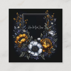 Gothic Black Gold Floral Wreath Dark Academia Square Business Card