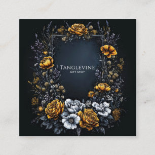 Gothic Black Gold Floral Wreath Dark Academia Square Business Card