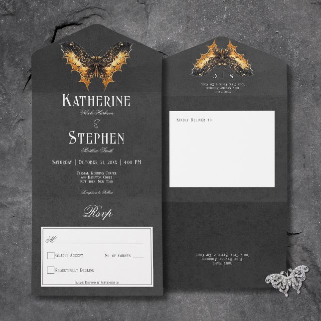 Gothic Black & Gold Moth Moody No Dinner All In One Invitation (Gothic Black & Gold Moth Moody All In One Wedding Invitation without Dinner Options)