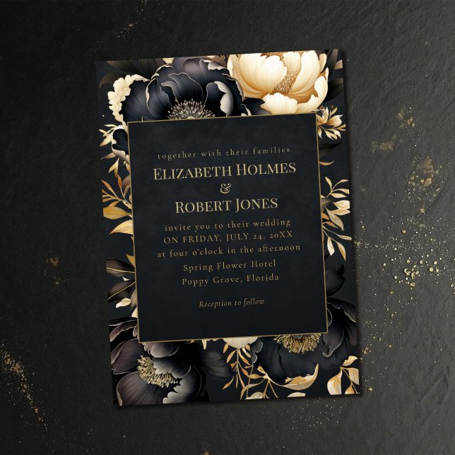 Gothic Black & Gold Peony Wedding Invitation (Gothic Black & Gold Peony Wedding Invitation on a dark vintage wedding table.)