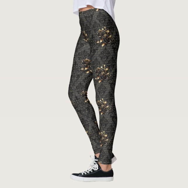 Gothic black gold rose damask elegant adult leggings (Left)