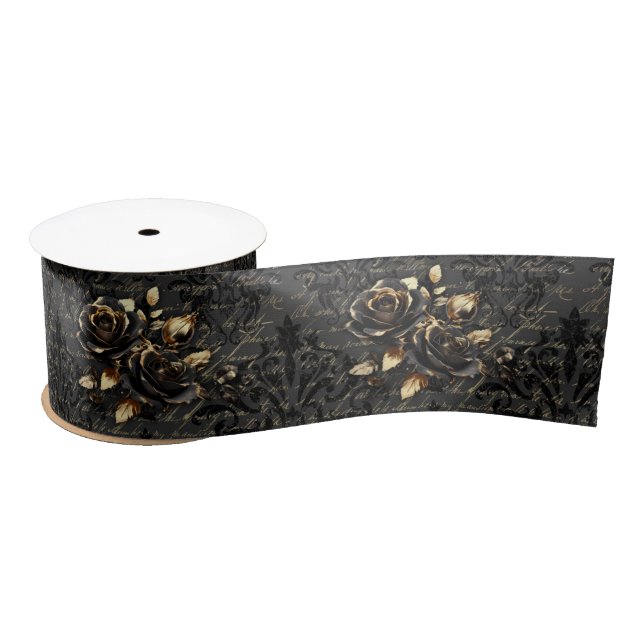 Gothic black gold rose damask elegant adult satin ribbon (Spool)