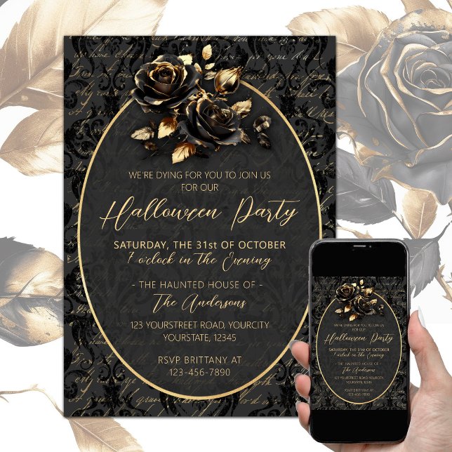Gothic black gold rose damask elegant Halloween  Invitation (Black gold elegant gothic Halloween party invitation, damask pattern, black gold roses)
