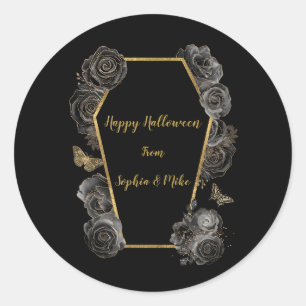 Gothic Black & Gold Roses Coffin Halloween Classic Round Sticker
