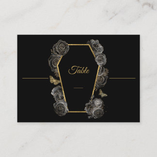 Gothic Black & Gold Roses Coffin Wedding Flat Place Card