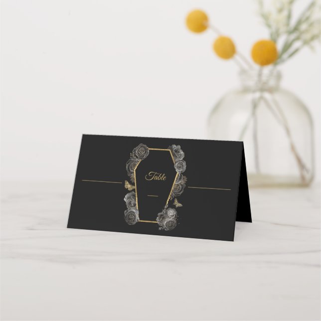 Gothic Black & Gold Roses Coffin Wedding Pattern Place Card (Front)
