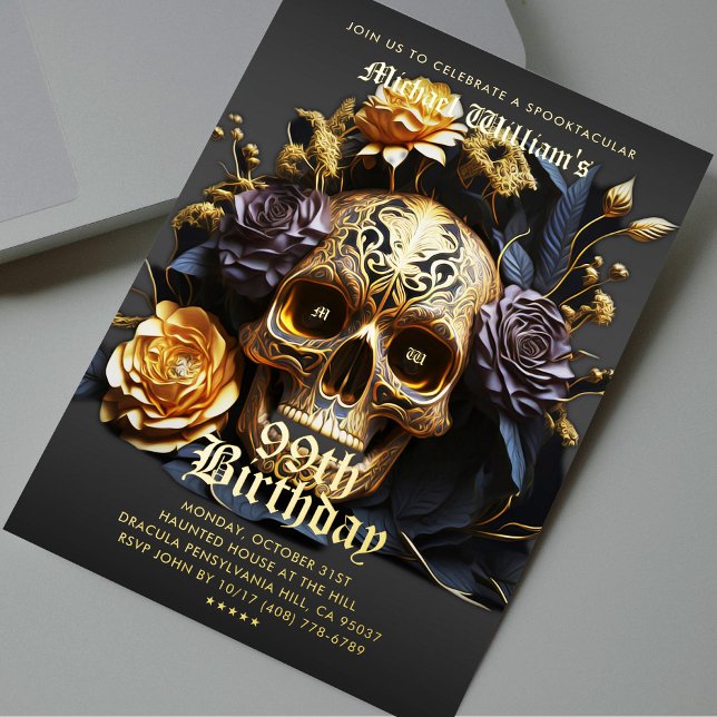 Gothic Black Gold Skull Adult Halloween Party ( Gothic Adult Halloween Birthday Party Black Gold Skull Roses foil invitation)