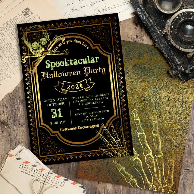 Gothic Black & Gold Skull Halloween Costume Party Invitation (Creator Uploaded)