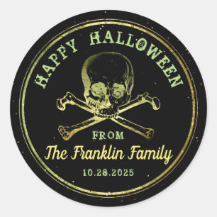 Gothic Black & Gold Skull Happy Halloween Classic Round Sticker