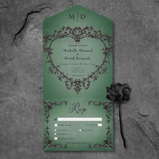 Gothic Black & Green Filigree Heart Dinner All In One Invitation (Gothic Black & Green Filigree Heart Dinner All In One Invitation)