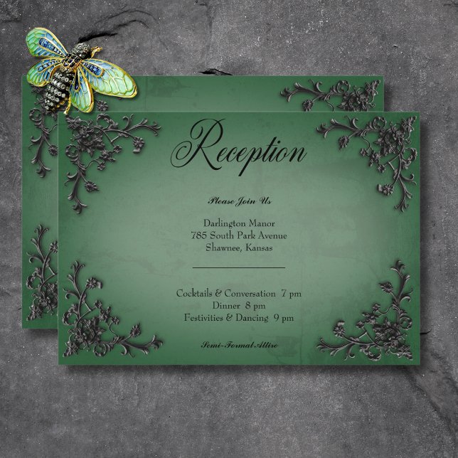 Gothic Black & Green Filigree Heart Reception Enclosure Card (Gothic Black & Green Filigree Heart Reception Enclosure Card)
