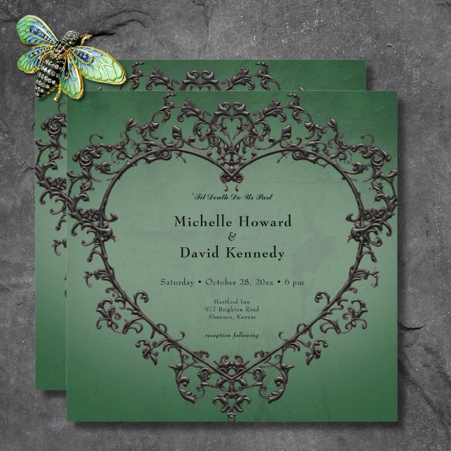 Gothic Black & Green Filigree Heart Wedding Invitation (Gothic Black & Green Filigree Heart Wedding Invitation)