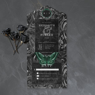Gothic Black Green Filigree Moth No Dinner Wedding All In One Invitation