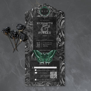 Gothic Black Green Filigree Moth QR Code Wedding All In One Invitation
