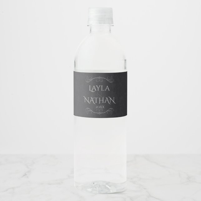 Gothic, Black & Grey Damask Water Bottle Label (Front)