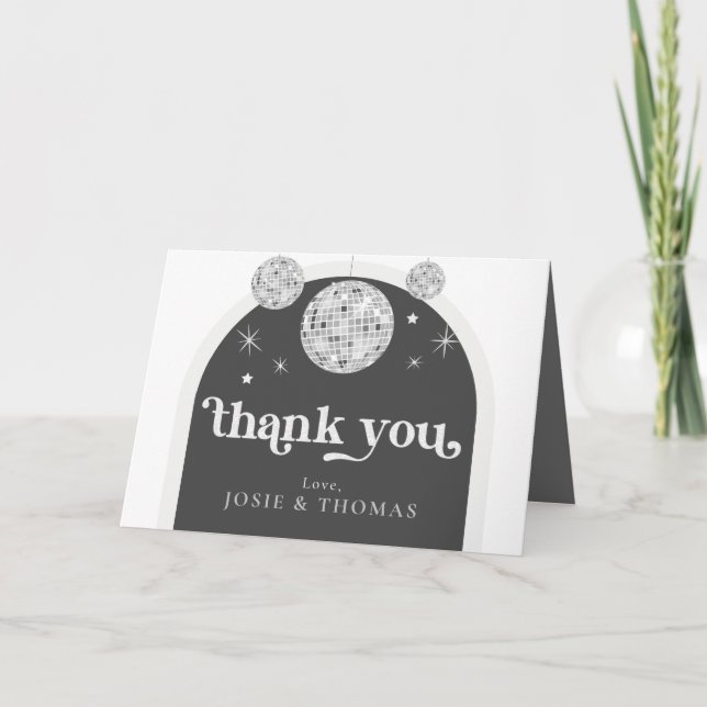 Gothic Black Grey Retro Disco Ball Wedding Thank You Card (Front)