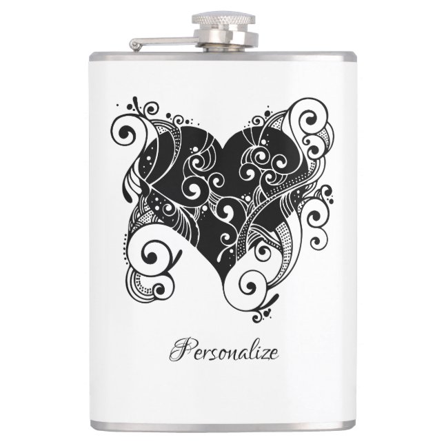 Gothic Black Heart Tattoo Art Design Personalised Hip Flask (Front)