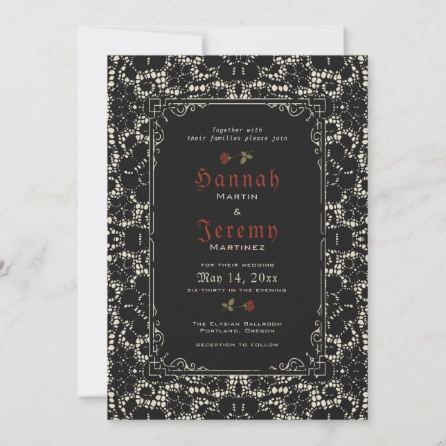 Gothic Black Lace Rose Blood Red Invitation (Front)